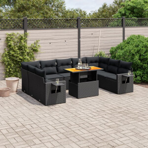 vidaXL 10-delige Loungeset met kussens poly rattan zwart