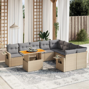 vidaXL 10-delige Loungeset met kussens poly rattan beige