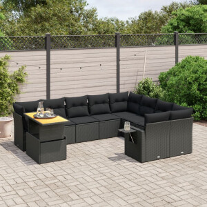 vidaXL 10-delige Loungeset met kussens poly rattan zwart