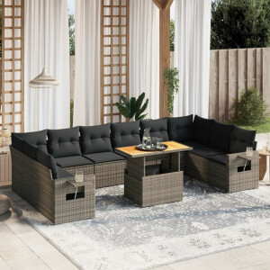 vidaXL 11-delige Loungeset met kussens poly rattan grijs