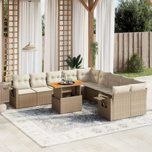 vidaXL 11-delige Tuinset met kussens poly rattan beige