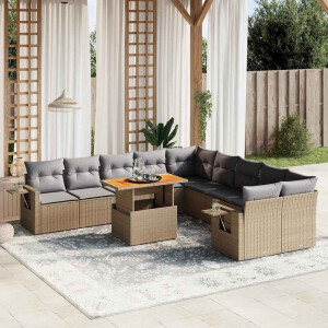 vidaXL 11-delige Tuinset met kussens poly rattan beige