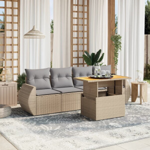 vidaXL 5-delige Loungeset met kussens poly rattan beige