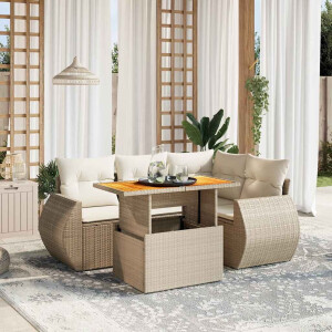 vidaXL 5-delige Loungeset met kussens poly rattan beige