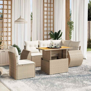 vidaXL 6-delige Loungeset met kussens poly rattan beige