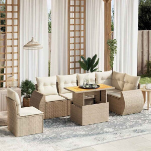 vidaXL 7-delige Loungeset met kussens poly rattan beige