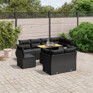 vidaXL 9-delige Loungeset met kussens poly rattan zwart