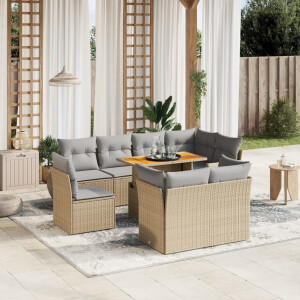 vidaXL 9-delige Loungeset met kussens poly rattan beige