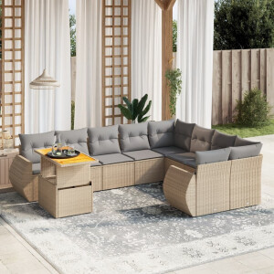 vidaXL 10-delige Loungeset met kussens poly rattan beige