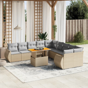 vidaXL 11-delige Tuinset met kussens poly rattan beige