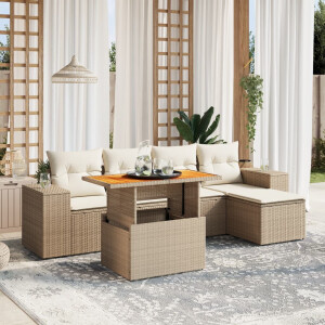 vidaXL 6-delige Loungeset met kussens poly rattan beige