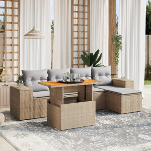 vidaXL 6-delige Loungeset met kussens poly rattan beige
