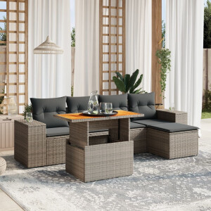 vidaXL 6-delige Loungeset met kussens poly rattan grijs