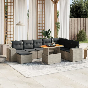 vidaXL 9-delige Loungeset met kussens poly rattan grijs