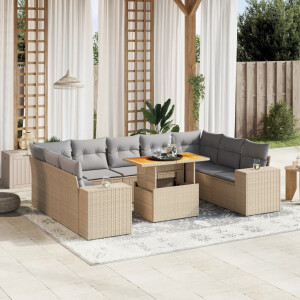 vidaXL 10-delige Loungeset met kussens poly rattan beige