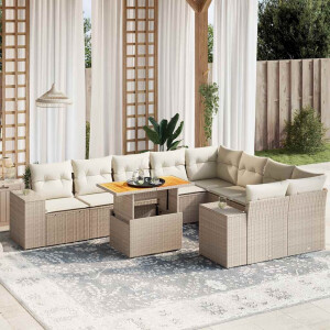 vidaXL 10-delige Loungeset met kussens poly rattan beige