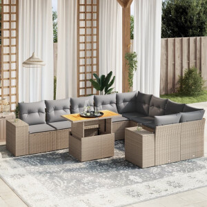 vidaXL 10-delige Loungeset met kussens poly rattan beige