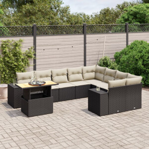 vidaXL 10-delige Loungeset met kussens poly rattan zwart