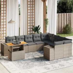 vidaXL 10-delige Loungeset met kussens poly rattan grijs