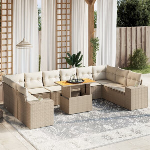 vidaXL 11-delige Tuinset met kussens poly rattan beige