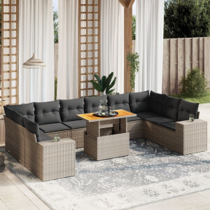 vidaXL 11-delige Loungeset met kussens poly rattan grijs