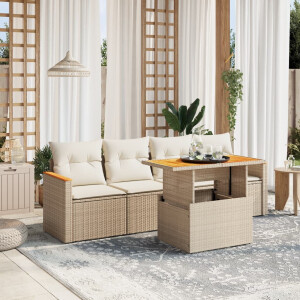 vidaXL 5-delige Loungeset met kussens poly rattan beige