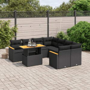 vidaXL 9-delige Loungeset met kussens poly rattan zwart