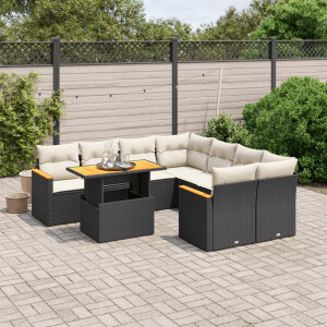 vidaXL 9-delige Loungeset met kussens poly rattan zwart