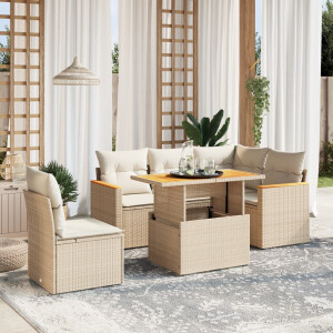 vidaXL 6-delige Loungeset met kussens poly rattan beige