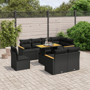 vidaXL 9-delige Loungeset met kussens poly rattan zwart