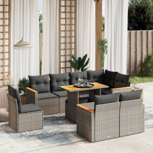 vidaXL 9-delige Loungeset met kussens poly rattan grijs