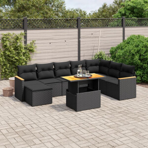 vidaXL 9-delige Loungeset met kussens poly rattan zwart