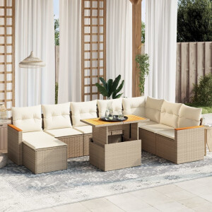 vidaXL 9-delige Loungeset met kussens poly rattan beige