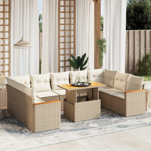 vidaXL 10-delige Loungeset met kussens poly rattan beige