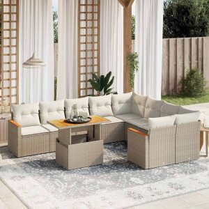 vidaXL 10-delige Loungeset met kussens poly rattan beige