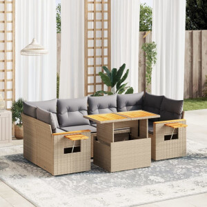vidaXL 7-delige Loungeset met kussens poly rattan beige