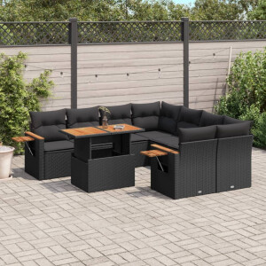 vidaXL 9-delige Loungeset met kussens poly rattan zwart