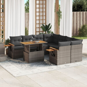 vidaXL 9-delige Loungeset met kussens poly rattan grijs