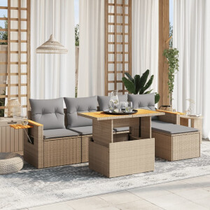 vidaXL 6-delige Loungeset met kussens poly rattan beige