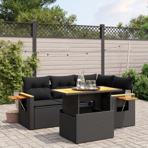 vidaXL 5-delige Loungeset met kussens poly rattan zwart