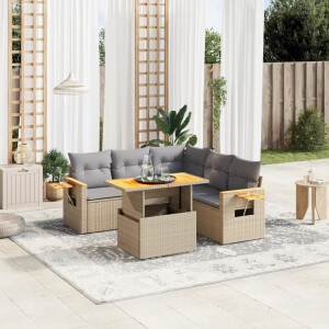 vidaXL 6-delige Loungeset met kussens poly rattan beige