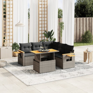 vidaXL 6-delige Loungeset met kussens poly rattan grijs