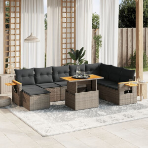 vidaXL 9-delige Loungeset met kussens poly rattan grijs
