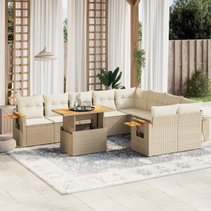 vidaXL 10-delige Loungeset met kussens poly rattan beige