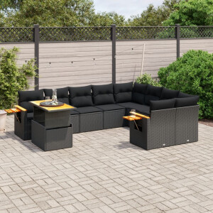vidaXL 10-delige Loungeset met kussens poly rattan zwart