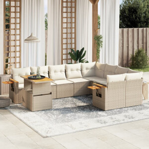 vidaXL 10-delige Loungeset met kussens poly rattan beige