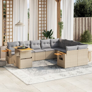vidaXL 10-delige Loungeset met kussens poly rattan beige