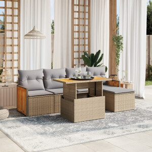 vidaXL 6-delige Loungeset met kussens poly rattan beige