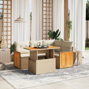 vidaXL 5-delige Loungeset met kussens poly rattan beige