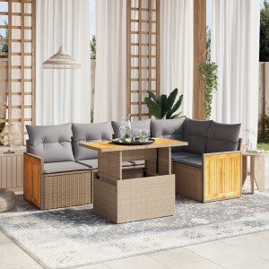vidaXL 6-delige Loungeset met kussens poly rattan beige